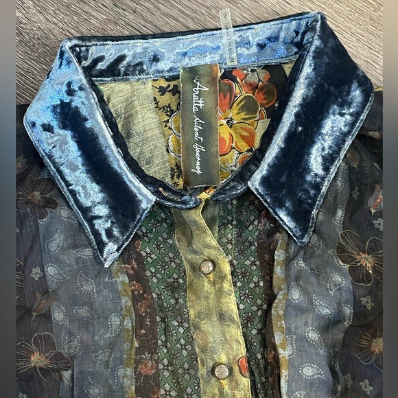 Aratta Patchwork Veltvet Collar Button Down Long Sleeve Midi Dress - Picture 6 of 6